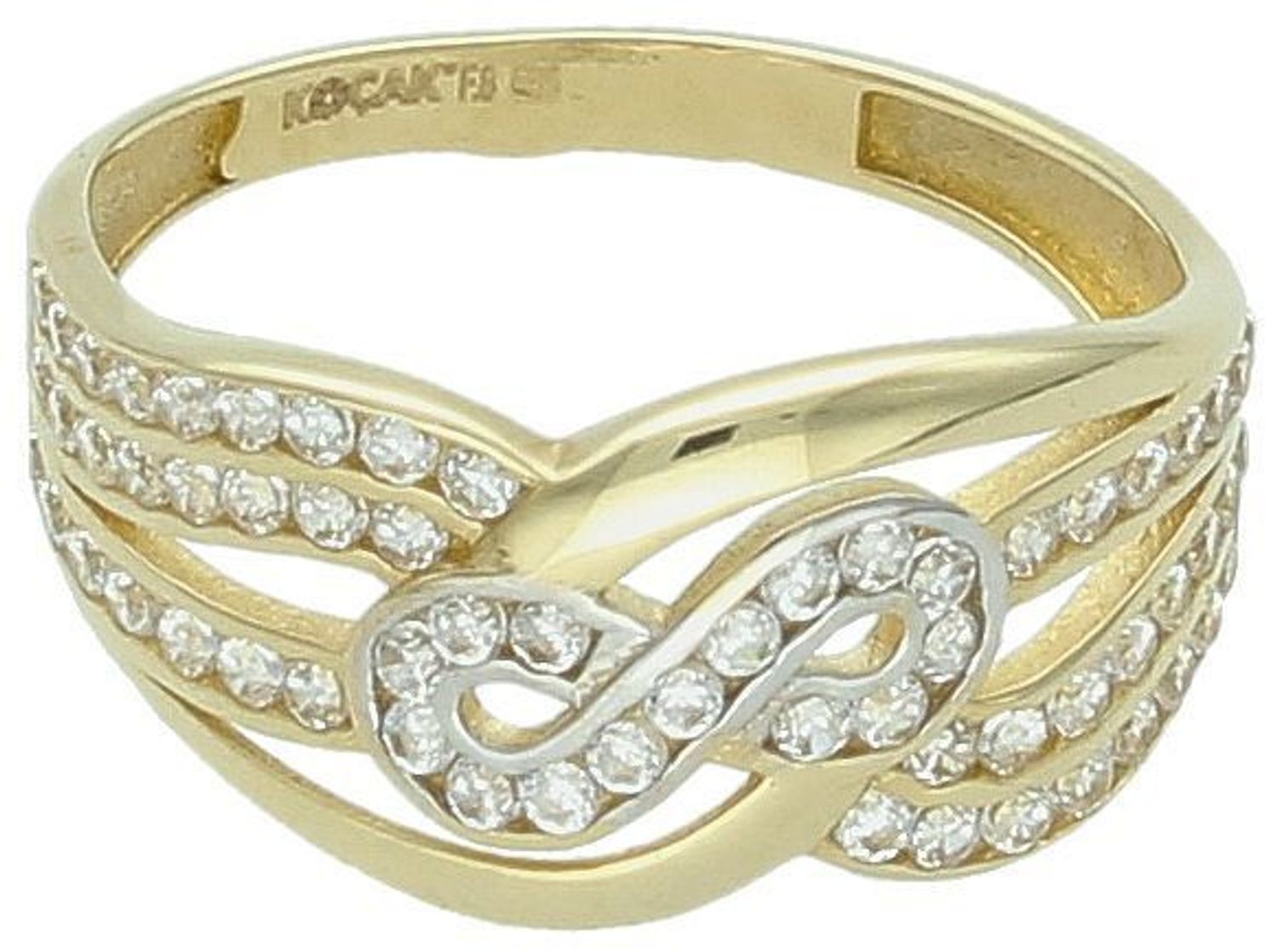 Złoty pierścionek damski próby 585 z cyrkoniami, znak nieskończoności. Waga 2,18 g, rozmiar 13, szerokość elementu ozdobnego 1 cm, szerokość szyny 2 mm. Doskonała biżuteria na prezent.1.jpg